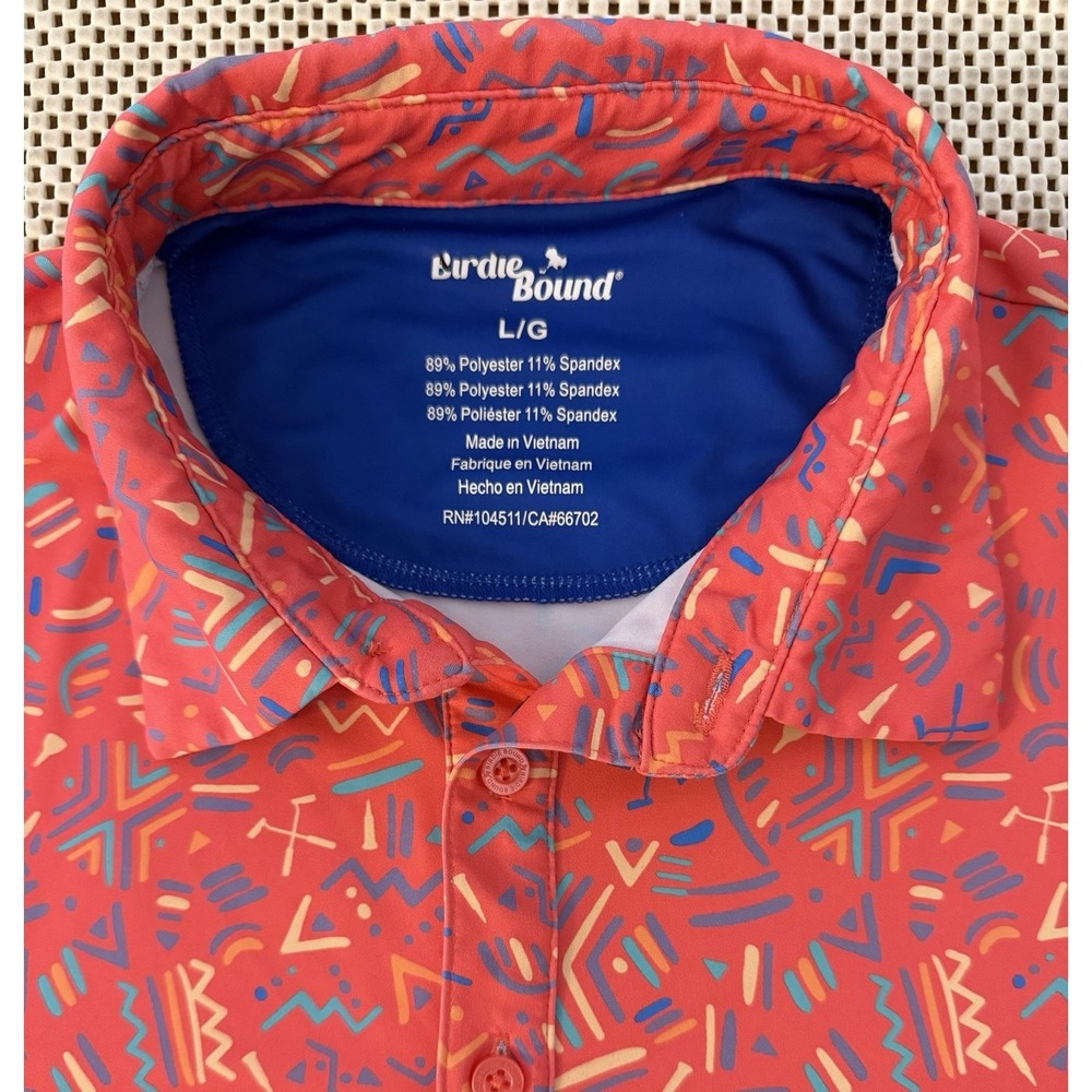 Birdie Bound Golf Polo Shirt Sz L Mens 80s Retro Pattern Pink Athleisure Stretch